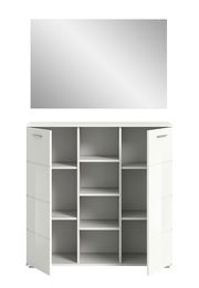 Weiße Garderobenkombination mit offenem Stauraum und Spiegel, Frontalansicht