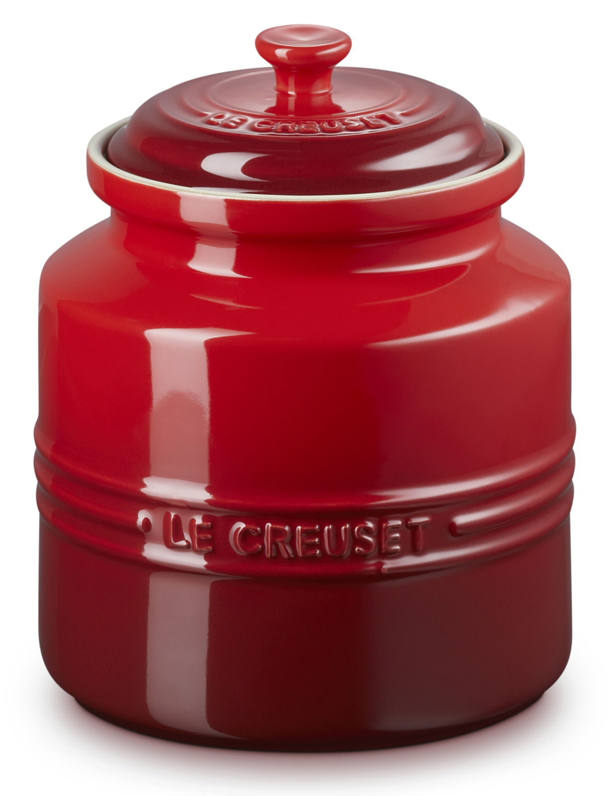 Rote Keksdose mit Deckel von Le Creuset, Vorderansicht