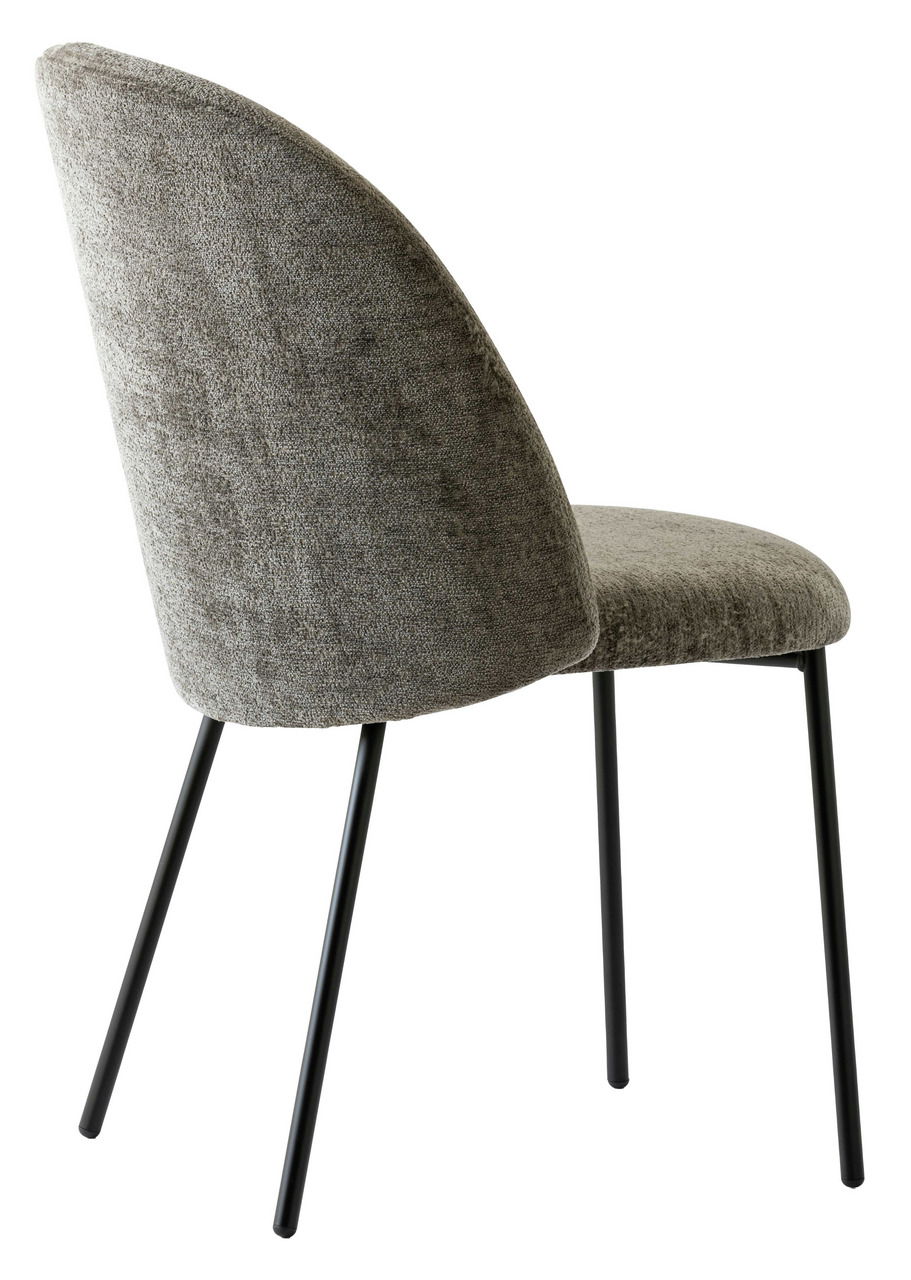 Moderner Stuhl mit grauem Stoffbezug und schwarzen Metallbeinen, seitliche Rückansicht