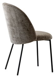 Moderner Stuhl mit grauem Stoffbezug und schwarzen Metallbeinen, seitliche Rückansicht