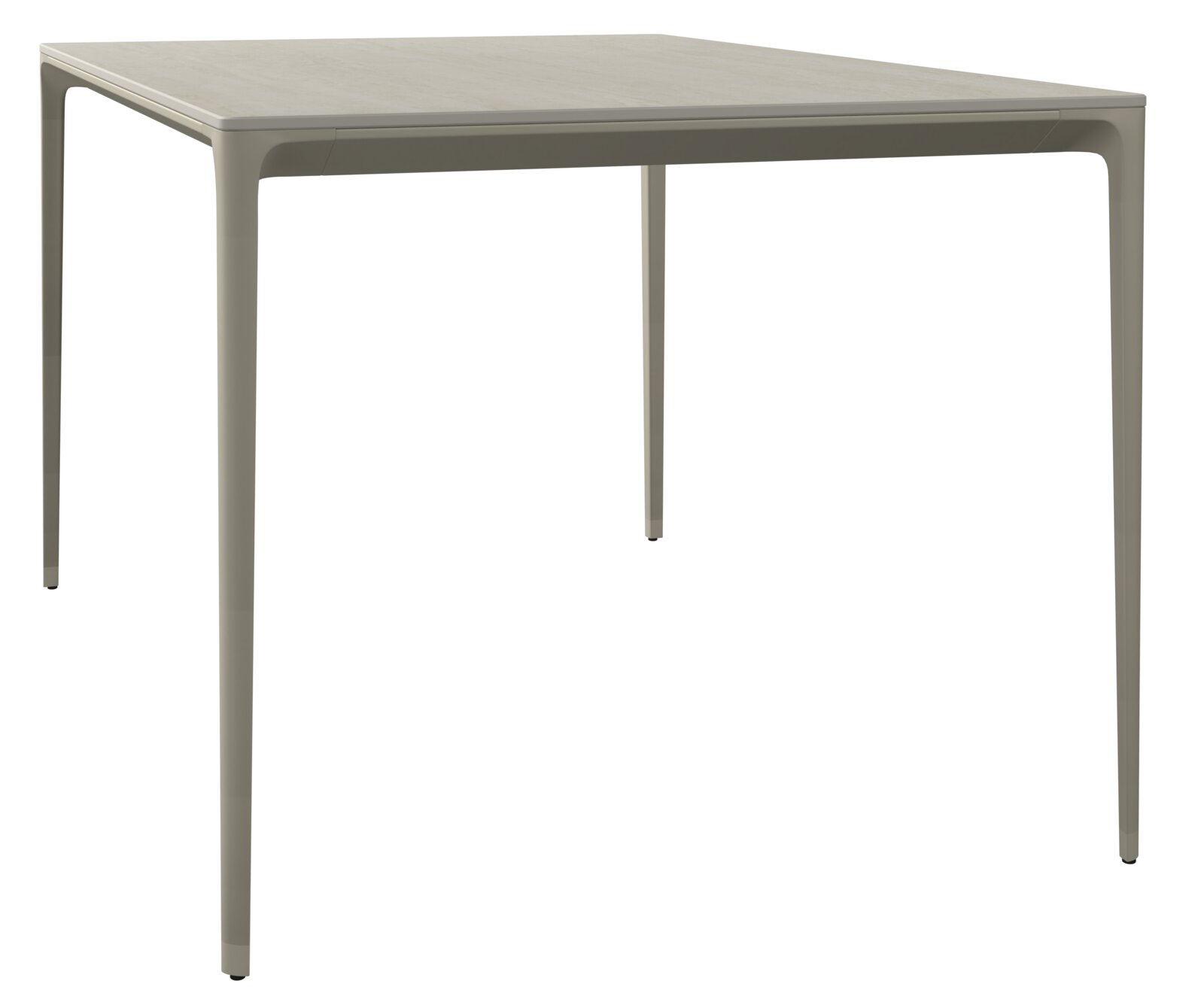 Moderner quadratischer Gartentisch aus Metall in seitlicher Perspektive