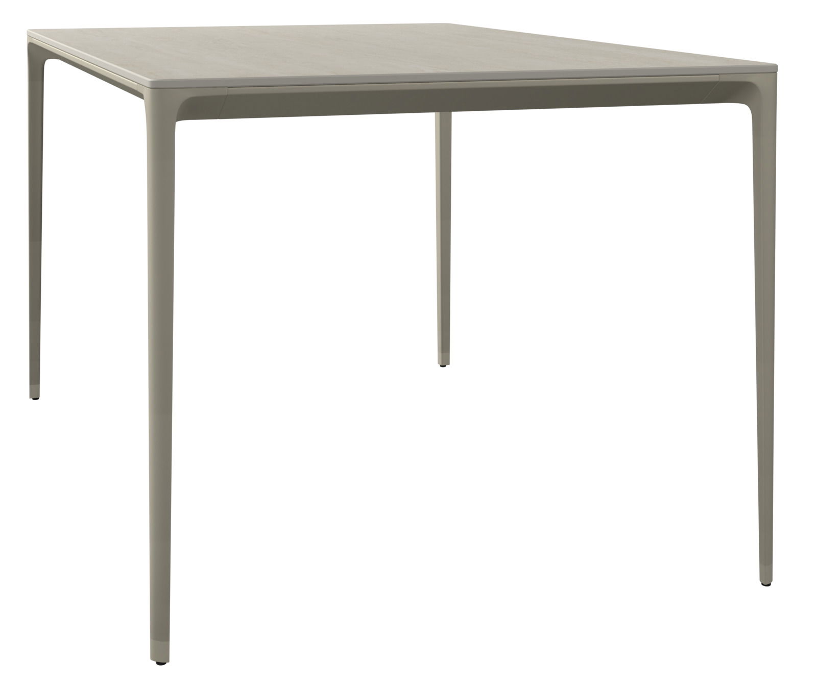 Moderner quadratischer Gartentisch aus Metall in seitlicher Perspektive