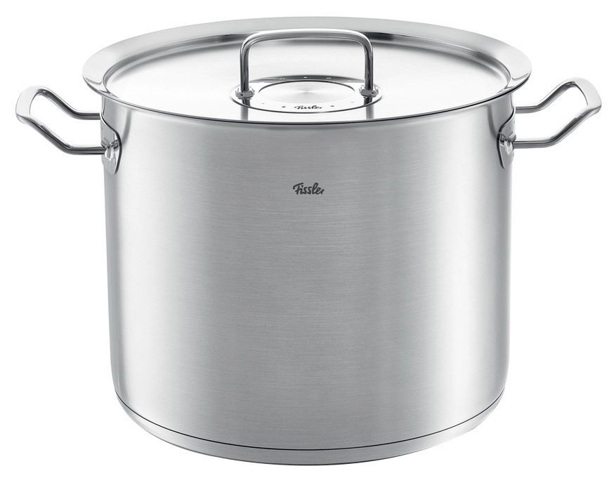 Hoher Kochtopf aus Metall, 28 cm, mit Deckel und seitlichen Griffen, Frontalansicht