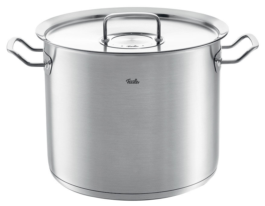 Hoher Kochtopf aus Metall, 28 cm, mit Deckel und seitlichen Griffen, Frontalansicht