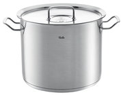 Hoher Kochtopf aus Metall, 28 cm, mit Deckel und seitlichen Griffen, Frontalansicht