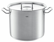 Hoher Kochtopf aus Metall, 28 cm, mit Deckel und seitlichen Griffen, Frontalansicht