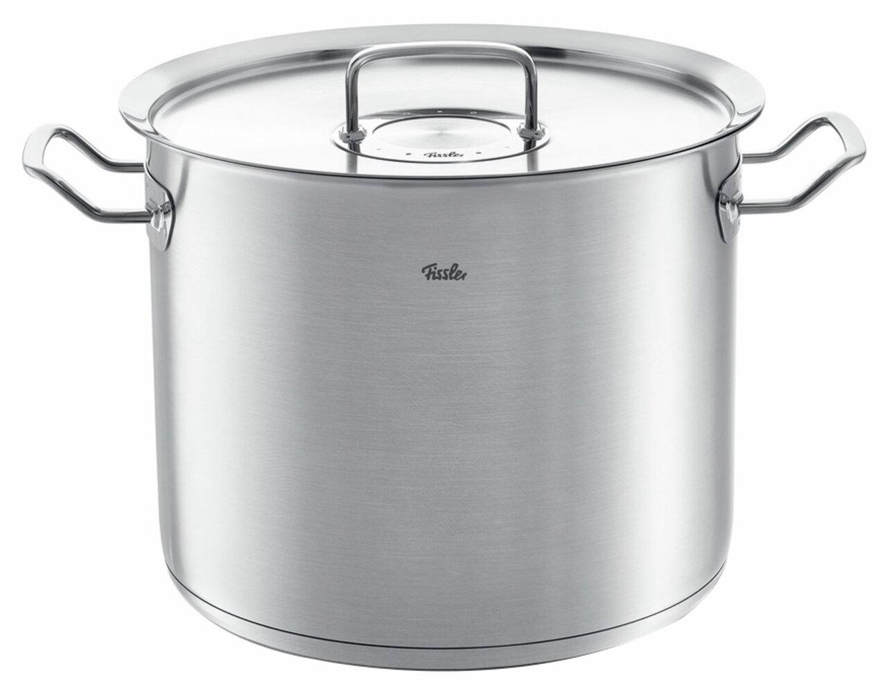 Hoher Kochtopf aus Metall, 28 cm, mit Deckel und seitlichen Griffen, Frontalansicht