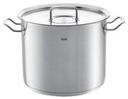 Hoher Kochtopf aus Metall, 28 cm, mit Deckel und seitlichen Griffen, Frontalansicht