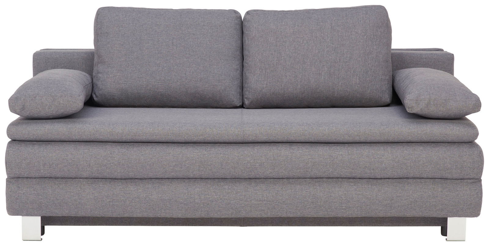 Graues Funktionssofa mit zwei Rückenkissen und Armlehnen, Frontalansicht