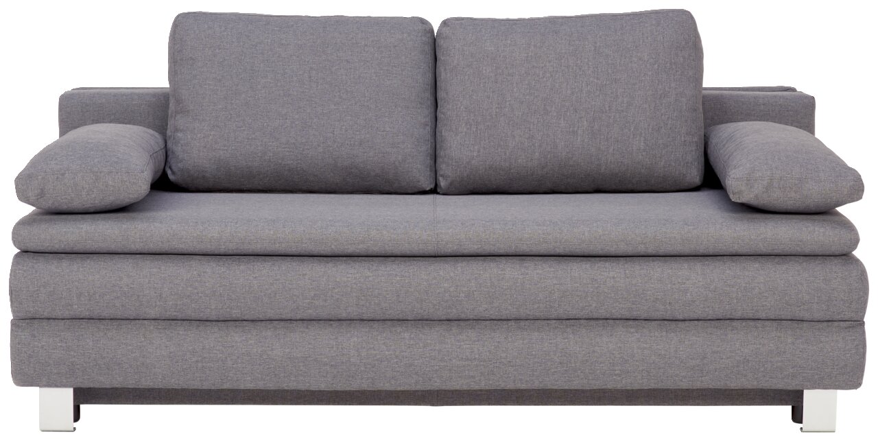 Graues Funktionssofa mit zwei Rückenkissen und Armlehnen, Frontalansicht