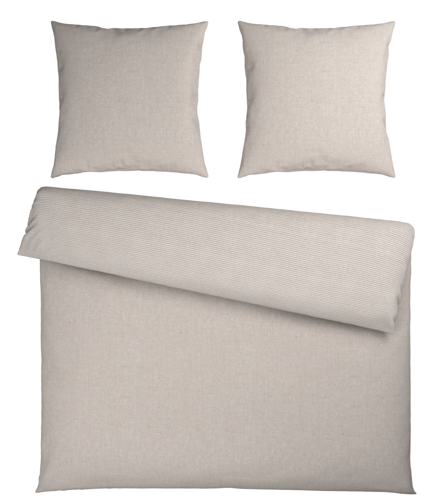 Wendebettwäsche-Set in Beige, bestehend aus einem Bettdeckenbezug und zwei Kissenbezügen, aus der Vogelperspektive fotografiert.