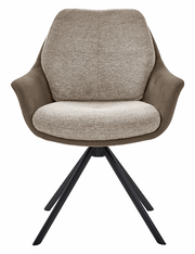 Moderner Armlehnstuhl mit beigem Stoffbezug und braunen Akzenten, auf schwarzem Metallgestell, Frontalansicht.