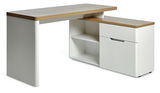 Moderner Eck-Schreibtisch in Weiß mit Holzoberfläche, seitliche Perspektive