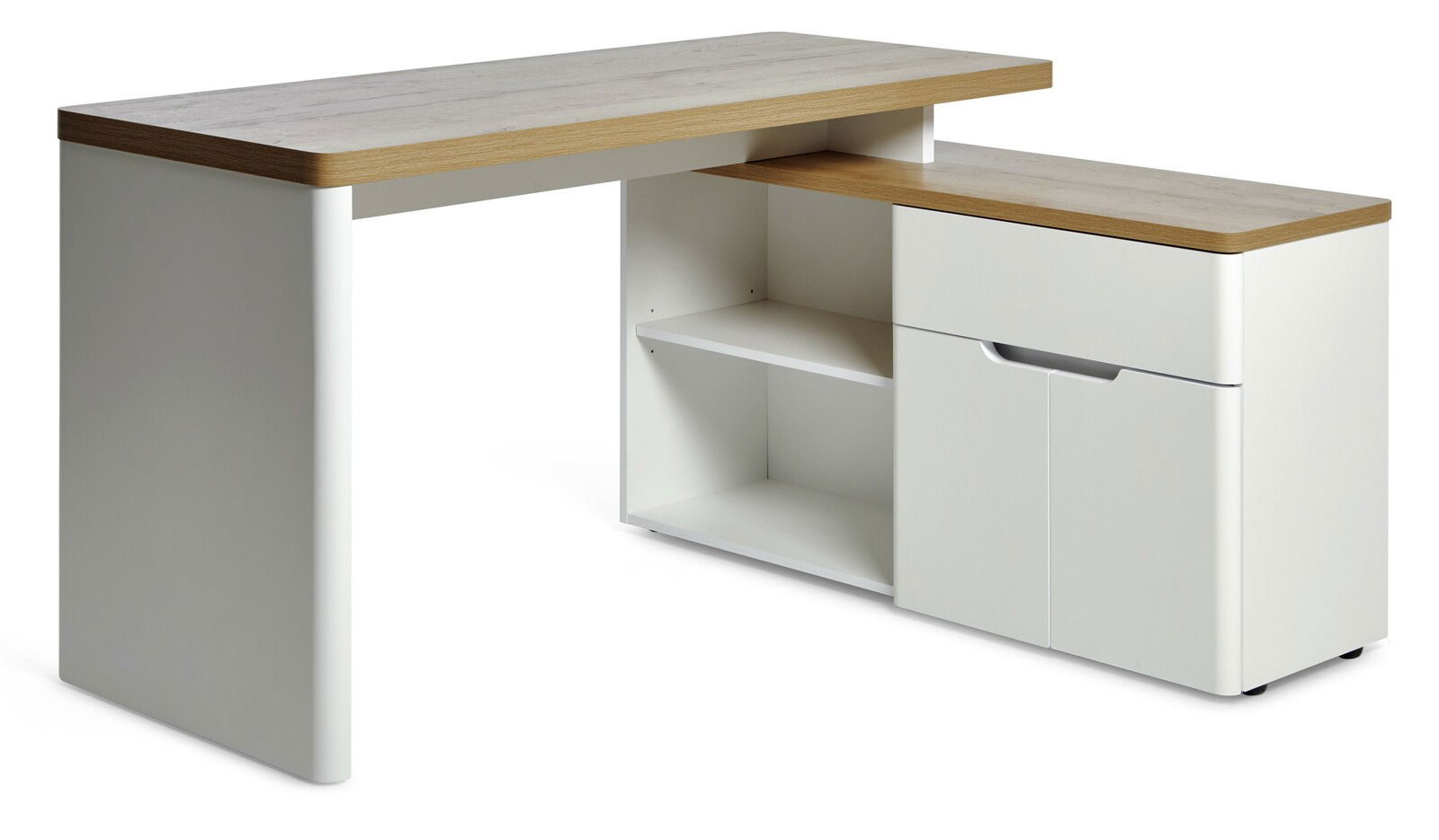 Moderner Eck-Schreibtisch in Weiß mit Holzoberfläche, seitliche Perspektive
