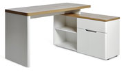 Moderner Eck-Schreibtisch in Weiß mit Holzoberfläche, seitliche Perspektive