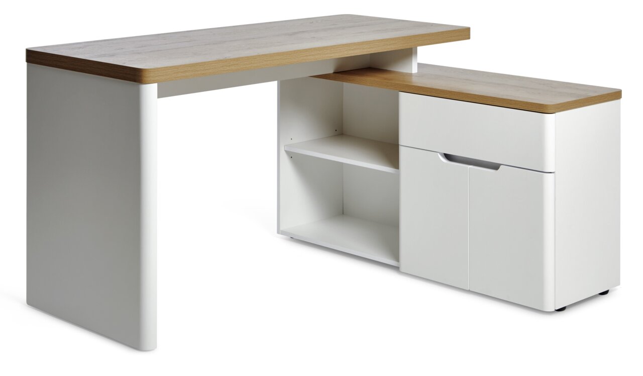 Moderner Eck-Schreibtisch in Weiß mit Holzoberfläche, seitliche Perspektive