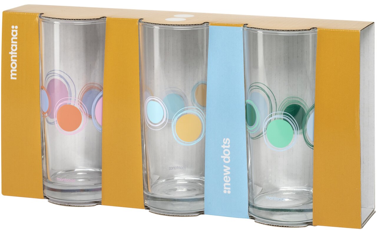 Een set van drie glazen met kleurrijke cirkels, vooraanzicht in een verpakking.