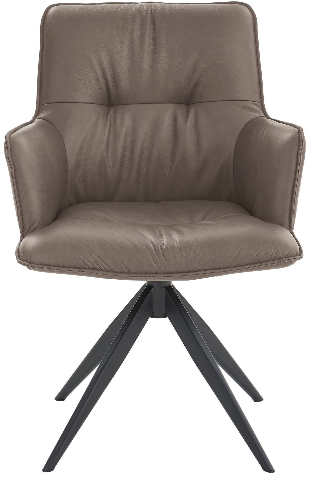 Frontansicht eines modernen Design-Schalensessels mit gepolstertem Sitz und schwarzen Metallbeinen.