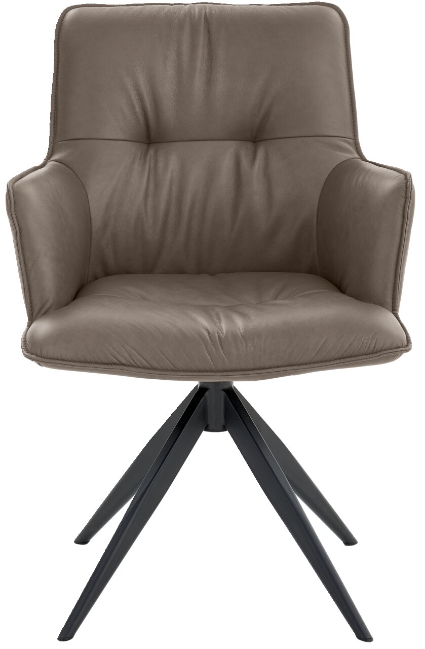 Frontansicht eines modernen Design-Schalensessels mit gepolstertem Sitz und schwarzen Metallbeinen.