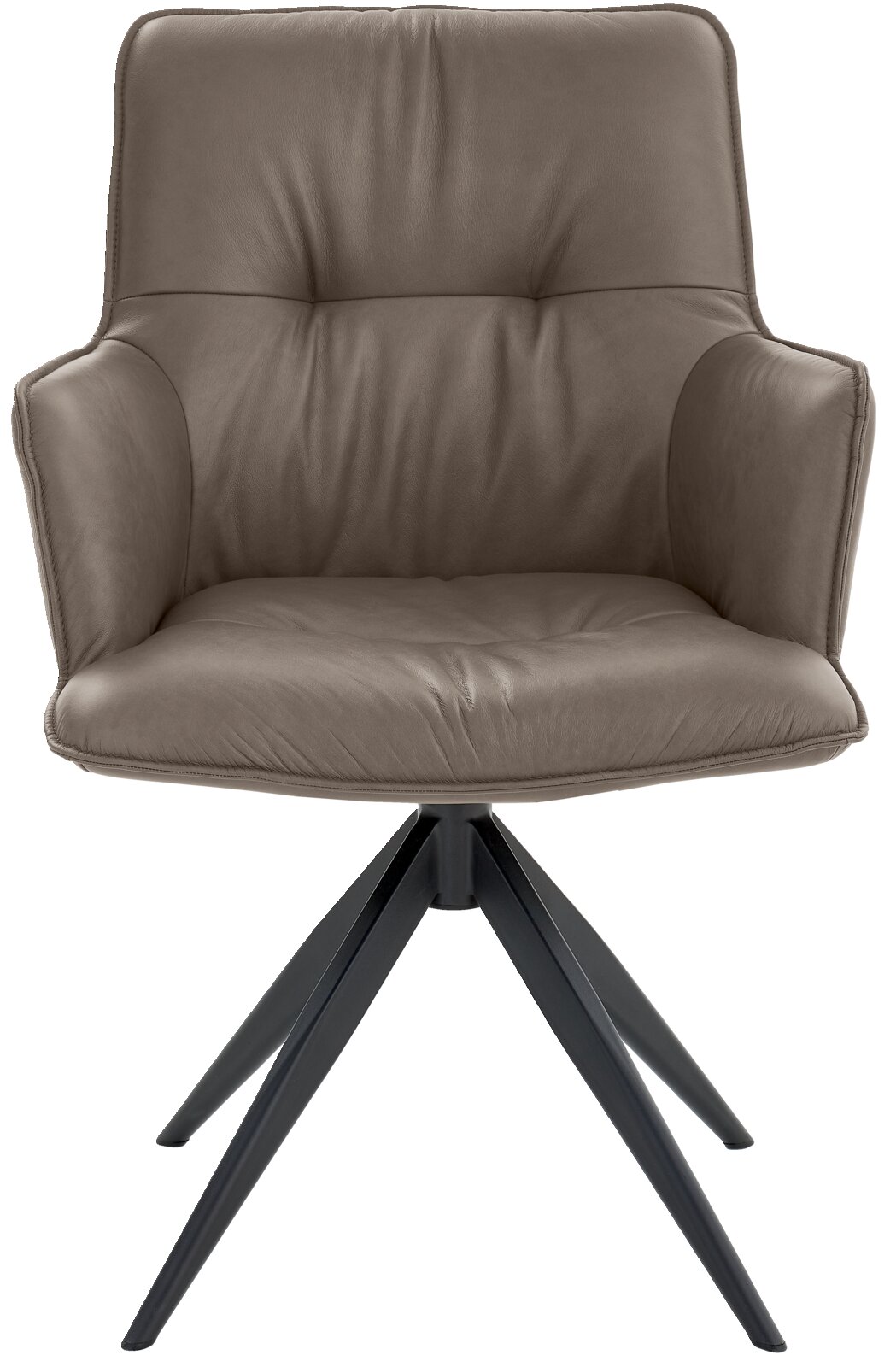 Frontansicht eines modernen Design-Schalensessels mit gepolstertem Sitz und schwarzen Metallbeinen.
