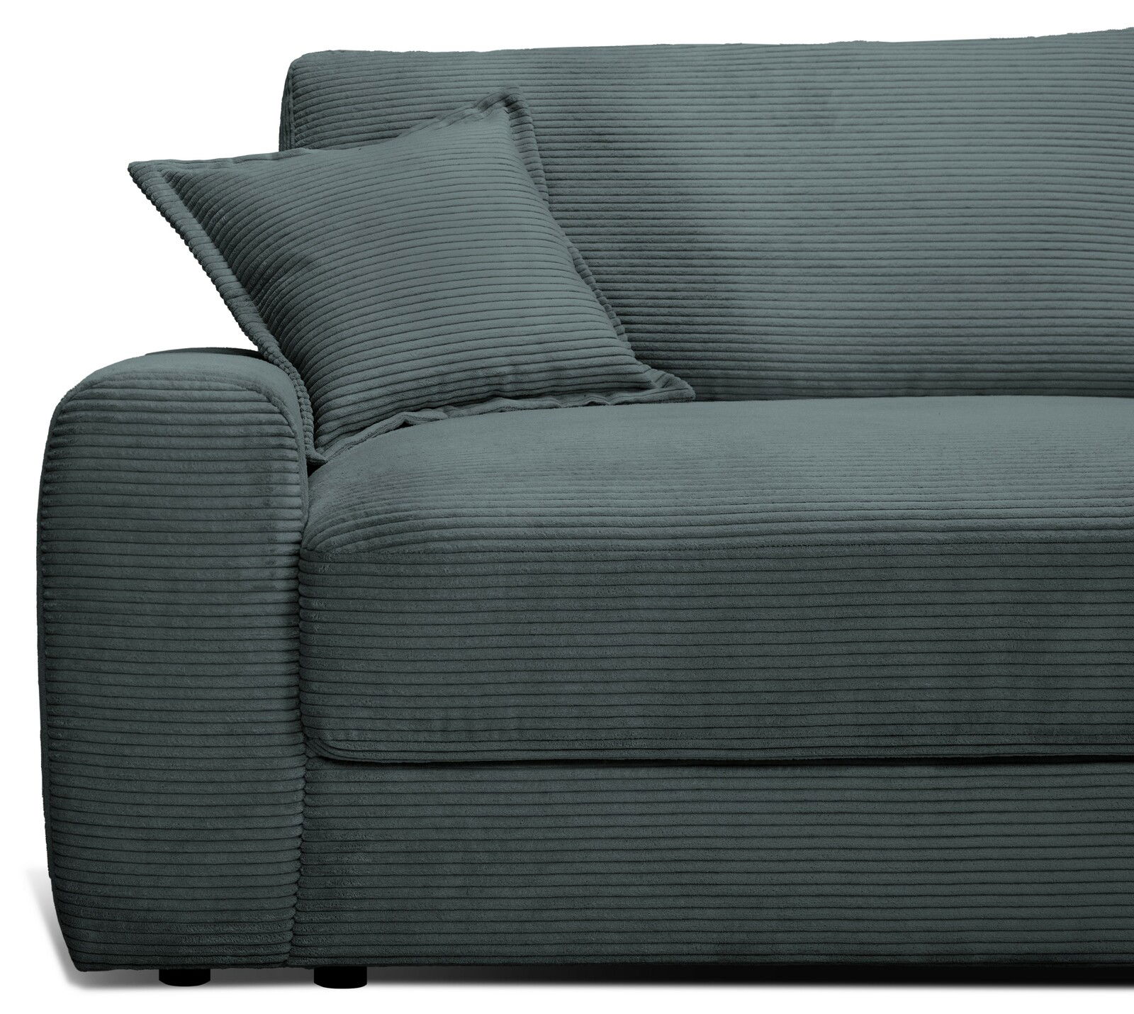 Großes Sofa in dunkelgrauem Cordstoff, seitliche Perspektive mit Kissen auf der linken Armlehne.