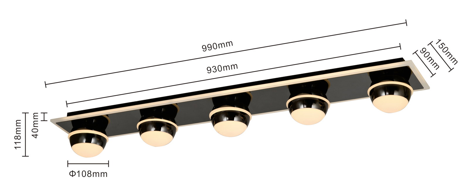 LED-Deckenleuchte mit fünf runden Leuchtkörpern auf einer rechteckigen schwarzen Platte, seitliche Perspektive