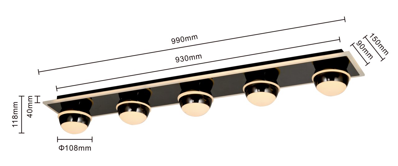 LED-plafondlamp met vijf ronde lampen op een rechthoekige zwarte plaat, zijaanzicht