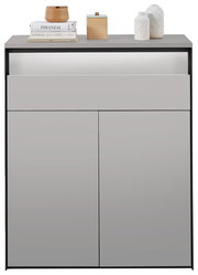 Moderner Schuhschrank in grauer Farbe mit zwei Türen und einer Schublade, dekoriert mit Büchern und Vasen, Frontalansicht