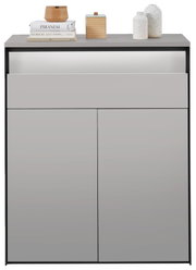 Moderne schoenenkast in grijze kleur met twee deuren en een lade, versierd met boeken en vazen, vooraanzicht