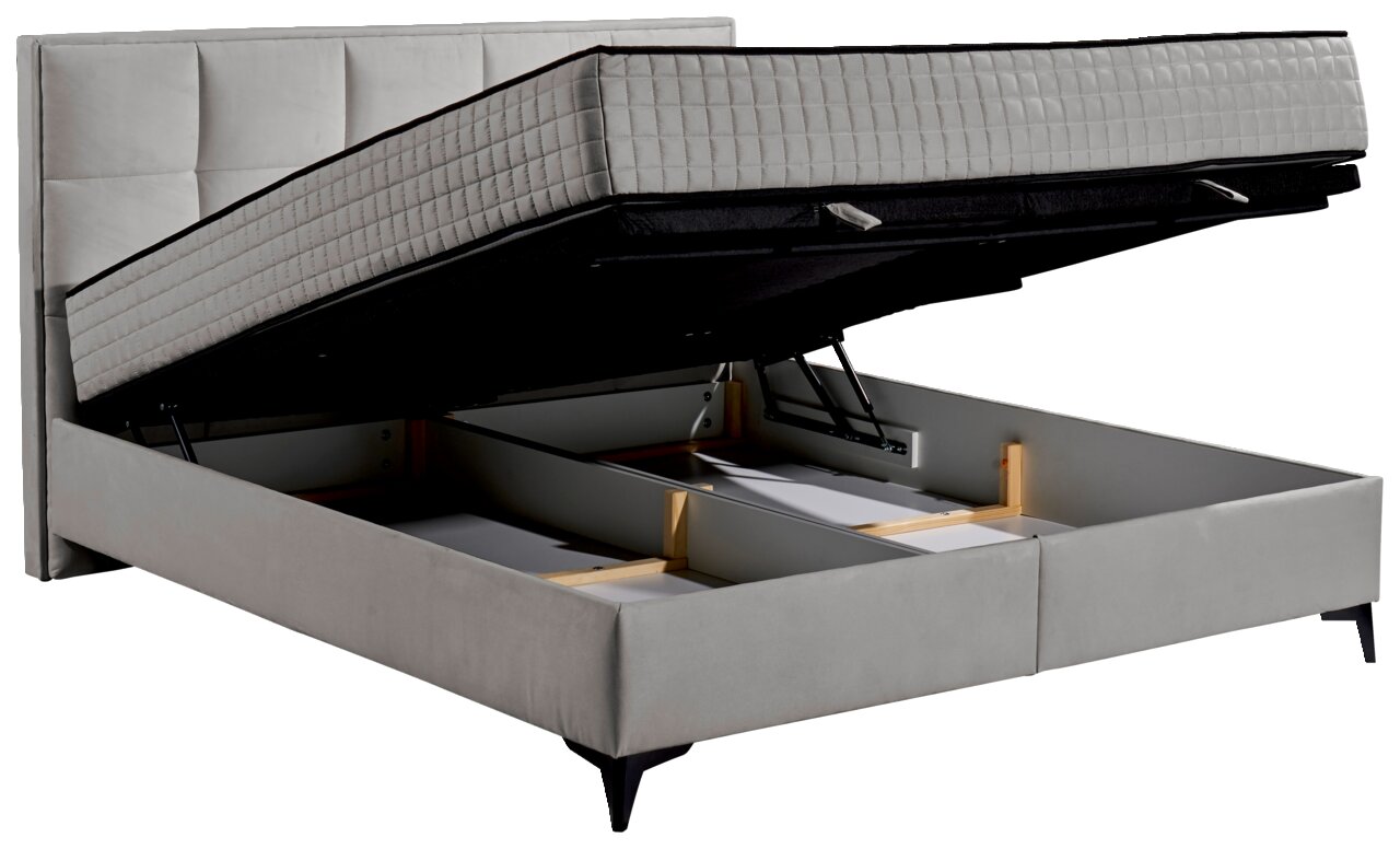 Boxbett mit hochgeklappter Matratze und Stauraum, seitliche Perspektive