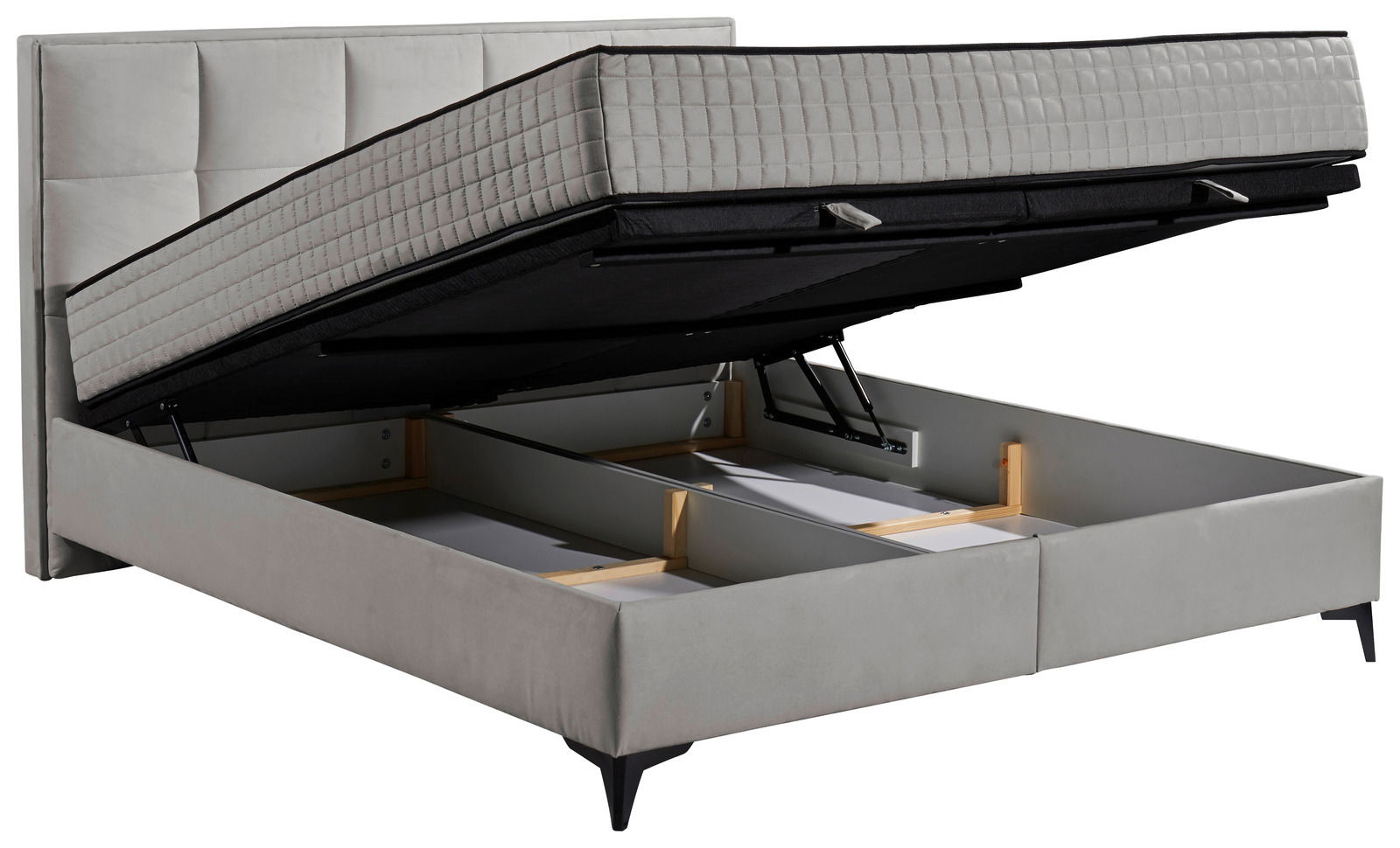 Boxbett mit hochgeklappter Matratze und Stauraum, seitliche Perspektive