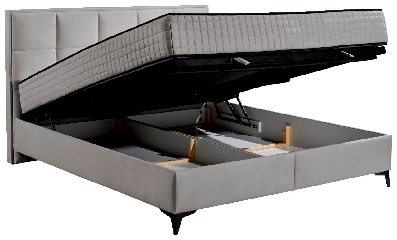 Boxbett mit hochgeklappter Matratze und Stauraum, seitliche Perspektive