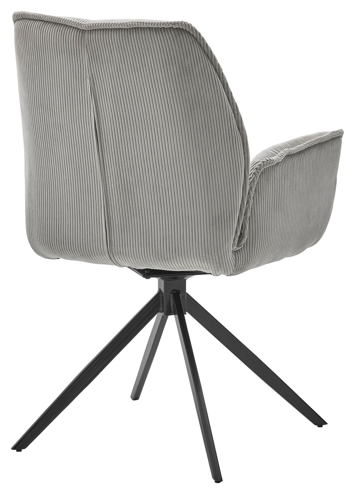 Rückansicht eines grauen Armlehnstuhls mit geripptem Stoffbezug und schwarzem Metallgestell.