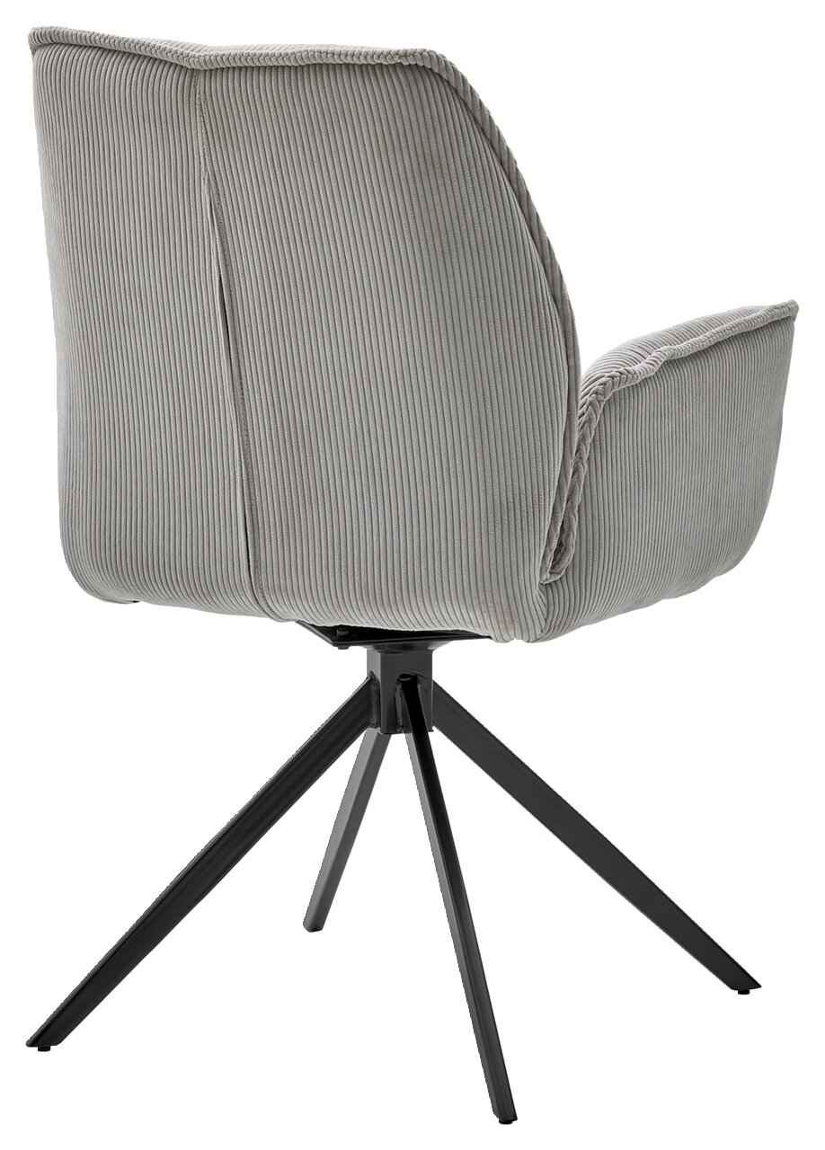 Rückansicht eines grauen Armlehnstuhls mit geripptem Stoffbezug und schwarzem Metallgestell.