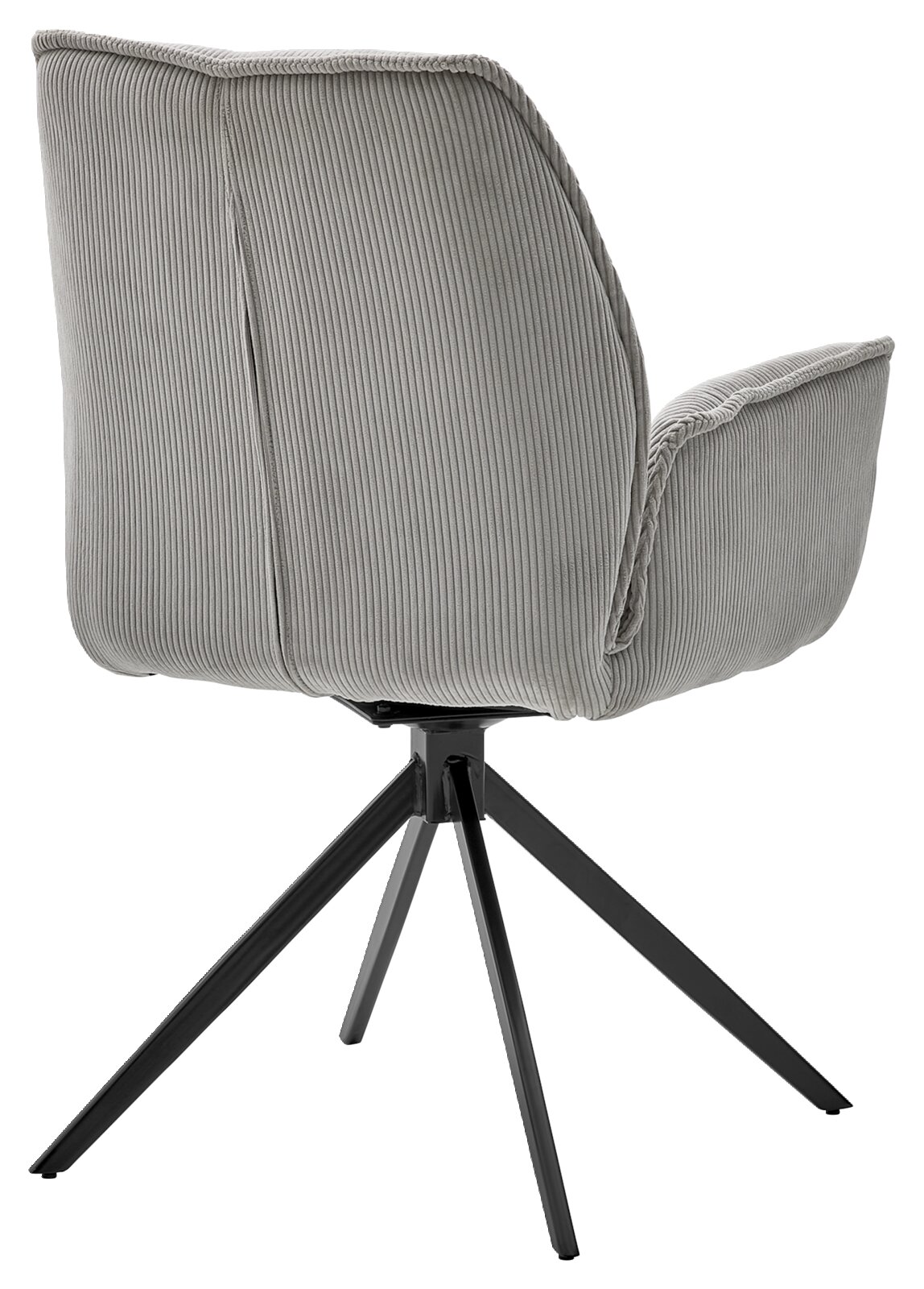 Achterkant van een grijze fauteuil met geribbelde stoffen bekleding en een zwart metalen frame.