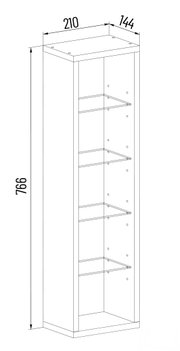 Technische Strichzeichnung eines schmalen offenen Regals mit vier Einlegeböden, Maße ca. 766 × 210 × 144, in schräger Vorderansicht (3/4-Perspektive)
