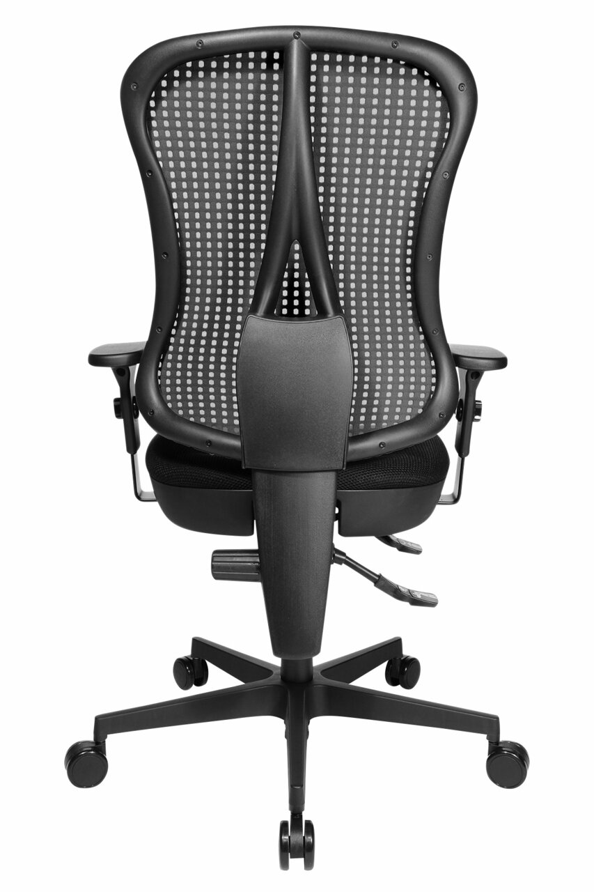 Achterkant van een ergonomische draaistoel met rugleuning van gaas en verstelbare armleuningen.