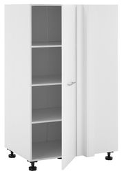 Weißer Eckschrank mit geöffneter Tür, zeigt Innenregale, Perspektive von vorne