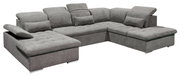 Graues Ecksofa in U-Form mit verstellbaren Kopfstützen und Kissen, Perspektive von vorne links