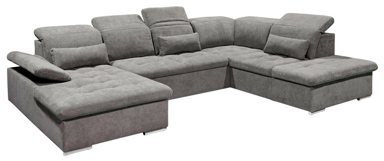 Z2 Wohnlandschaft WAYNE Graues Ecksofa in U-Form mit verstellbaren Kopfstützen und Kissen, Perspektive von vorne links