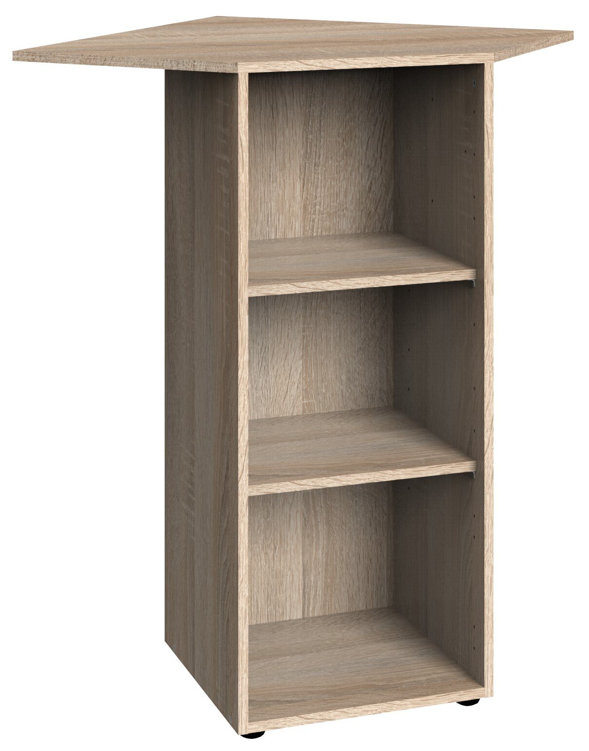 XORA Eckregal niedrig MULTIRAUMKONZEPT Eckregal niedrig aus Holz mit drei offenen Fächern, perspektivische Ansicht von vorne