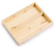 Holzkiste mit zwei Fächern, aus hellem Holz, von oben betrachtet