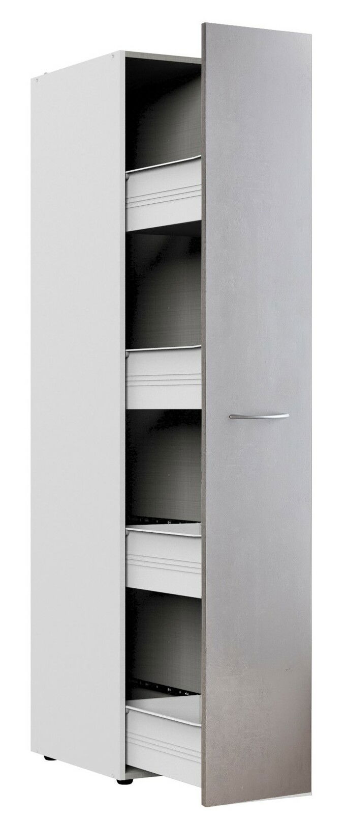 Apothekerschrank mit geöffneter Tür, seitliche Perspektive, zeigt mehrere Schubladen.