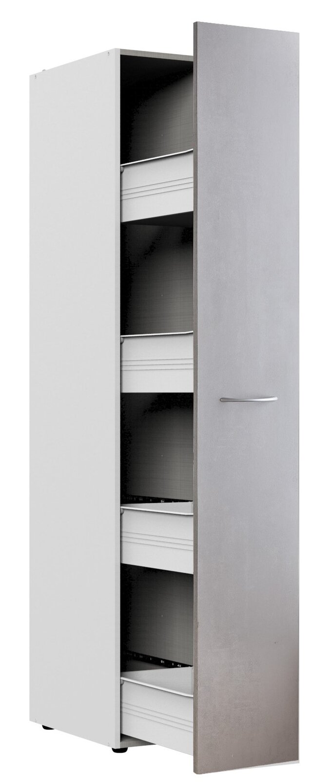 Apothekerschrank mit geöffneter Tür, seitliche Perspektive, zeigt mehrere Schubladen.