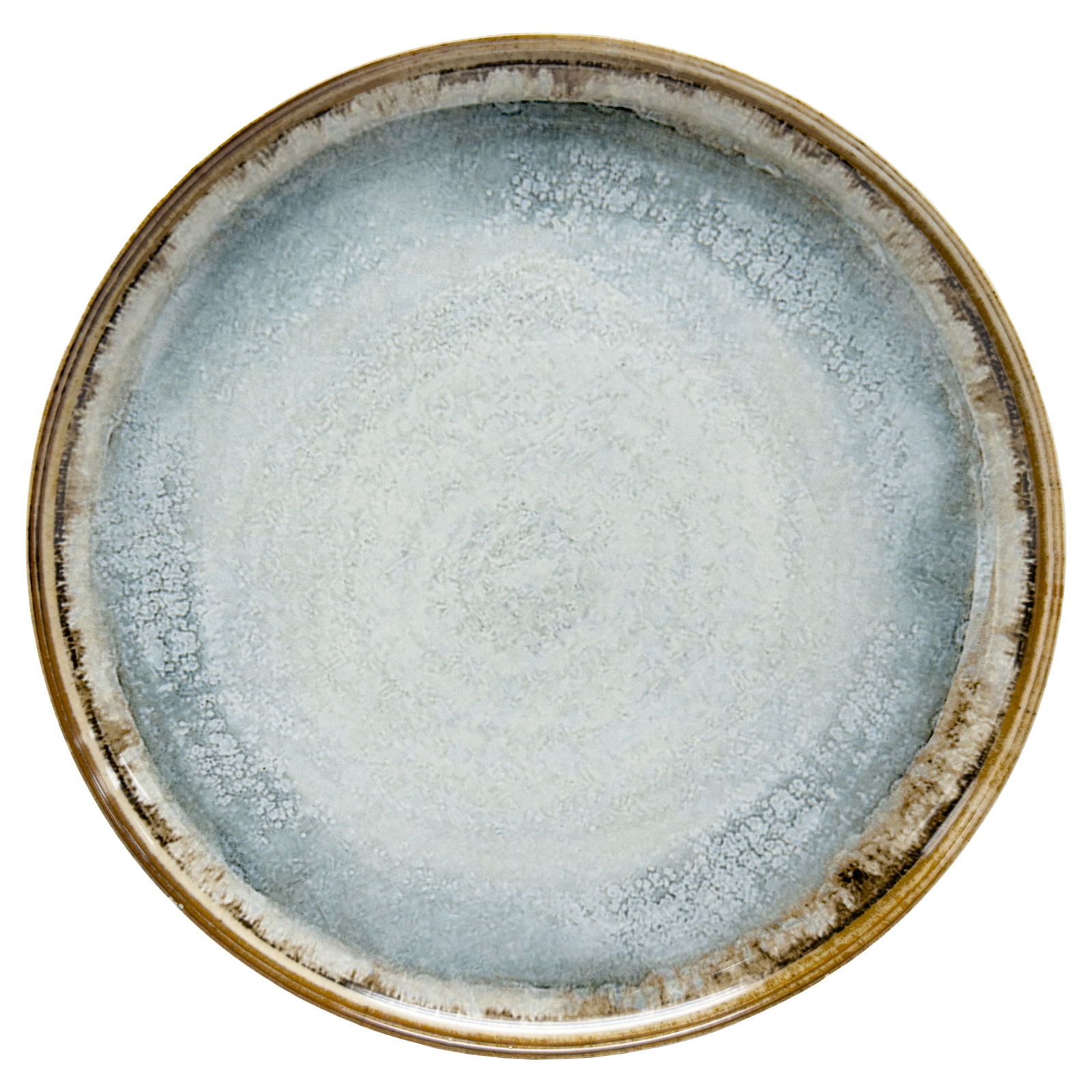 Runde Keramikplatte mit blauer Glasur und braunem Rand, Draufsicht