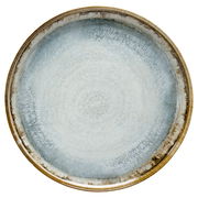 Runde Keramikplatte mit blauer Glasur und braunem Rand, Draufsicht