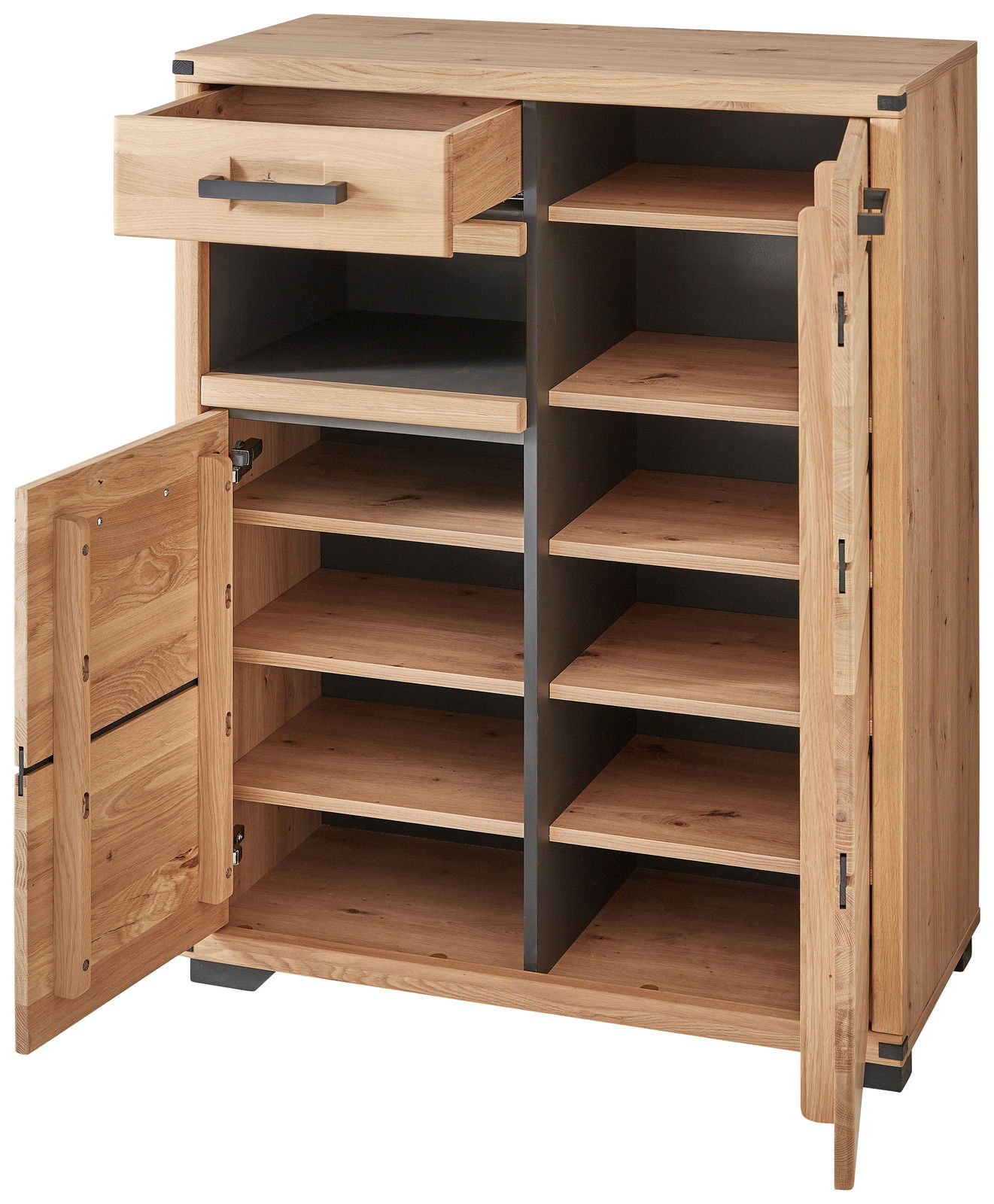 Offener Schuhschrank aus Holz mit mehreren Regalböden und einer Schublade, Perspektive von vorne.