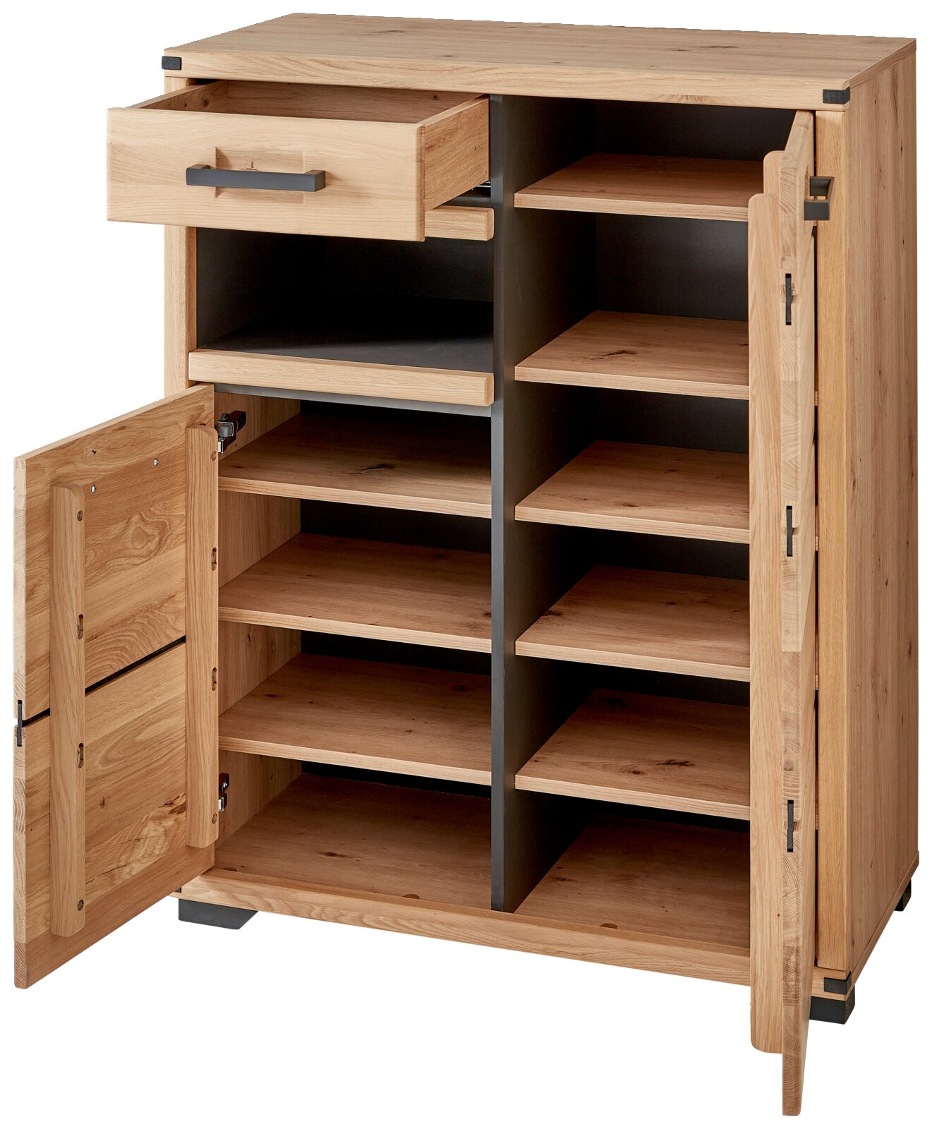 Offener Schuhschrank aus Holz mit mehreren Regalböden und einer Schublade, Perspektive von vorne.