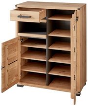 Offener Schuhschrank aus Holz mit mehreren Regalböden und einer Schublade, Perspektive von vorne.