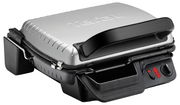 Silberner Kontaktgrill 2in1 von schräg oben mit schwarzem Griff und Bedienelementen an der Vorderseite